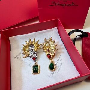 Schiaparelli Gold and Silver Earrings with Red and Green Accents